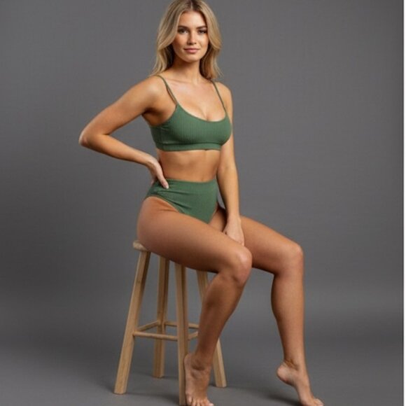 Green Ribbed High Waist Bikini Swimsuit Bathing Suit - Picture 2 of 8